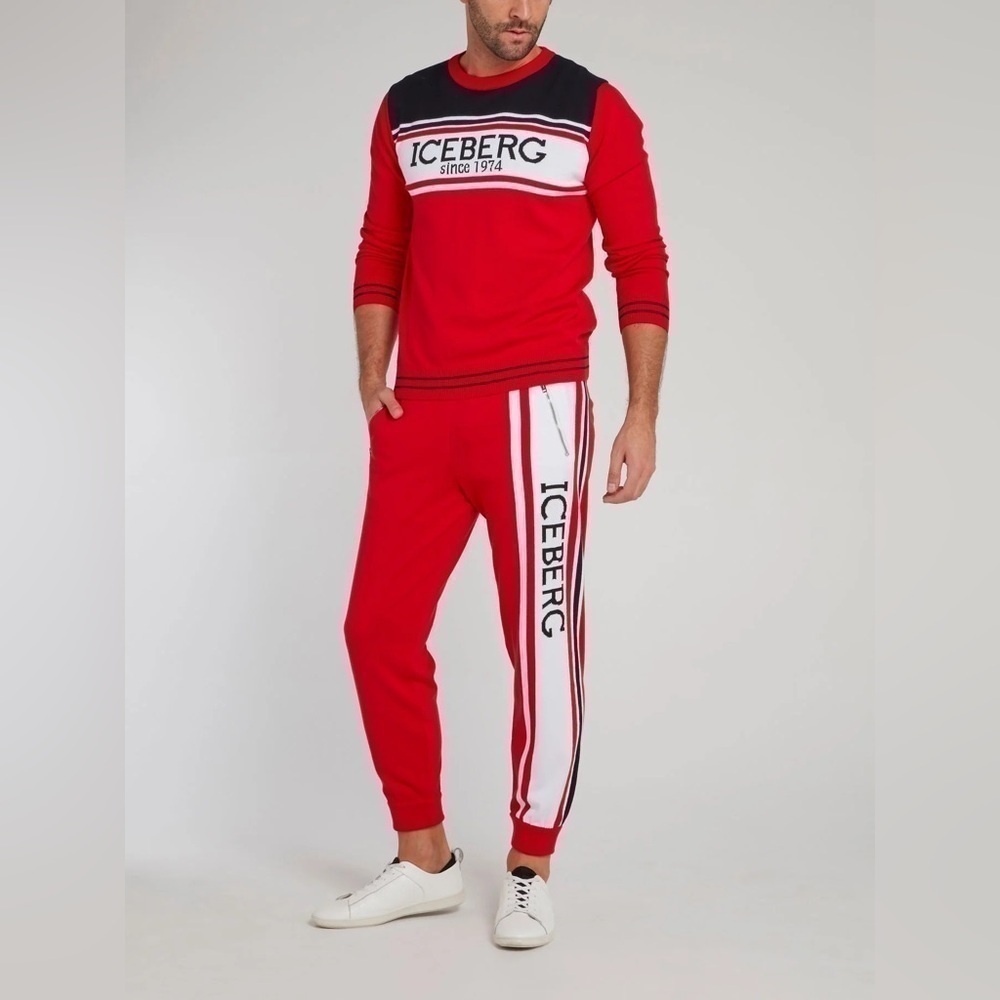 ICEBERG Red Logo Side Stripe Knitted Trousers Excellent Preowned Condition